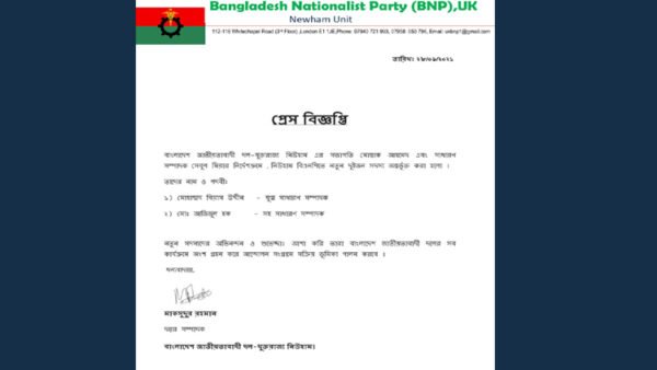 যুক্তরাজ্য বিএনপির নিউহাম শাখায় দুই সদস্যকে অন্তর্ভূক্ত