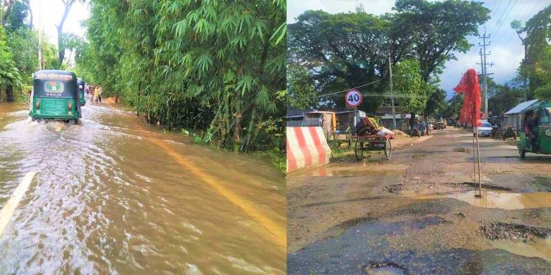 বড়লেখা-কুলাউড়া আঞ্চলিক মহাসড়কে বন্যার পানি, ঝুঁকি নিয়ে চলছে যানবাহন