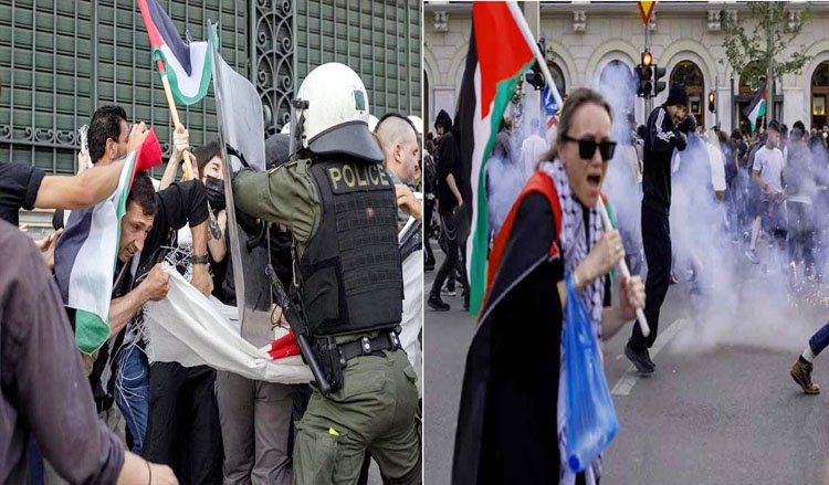 গ্রীসে ইসরায়েলবিরোধী বিক্ষোভে  ফিলিস্তিন সমর্থক ও পুলিশের ধাওয়া-পাল্টা ধাওয়া